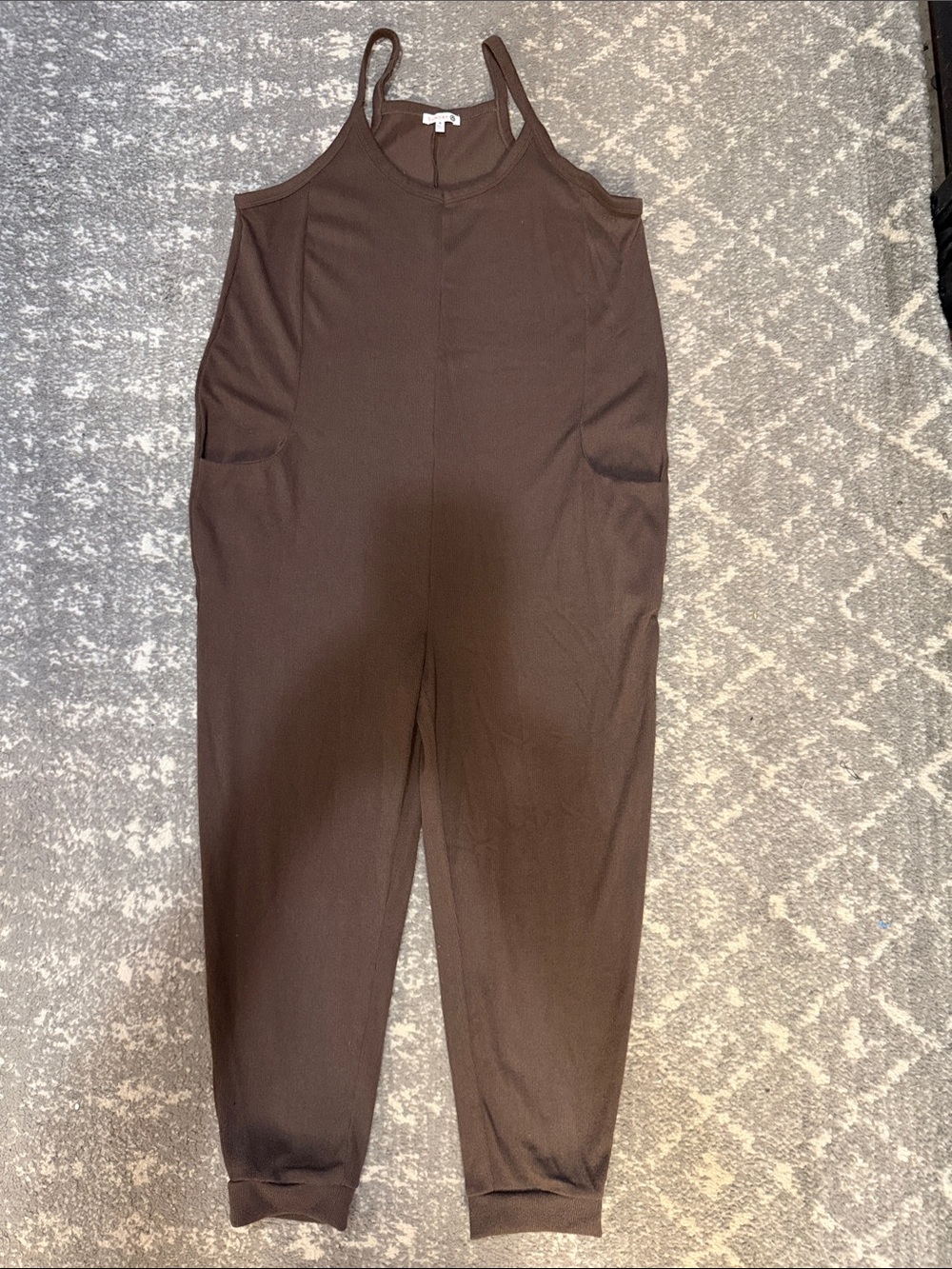 Sundry Dark Brown Ribbed Tank Jumpsuit with Pockets